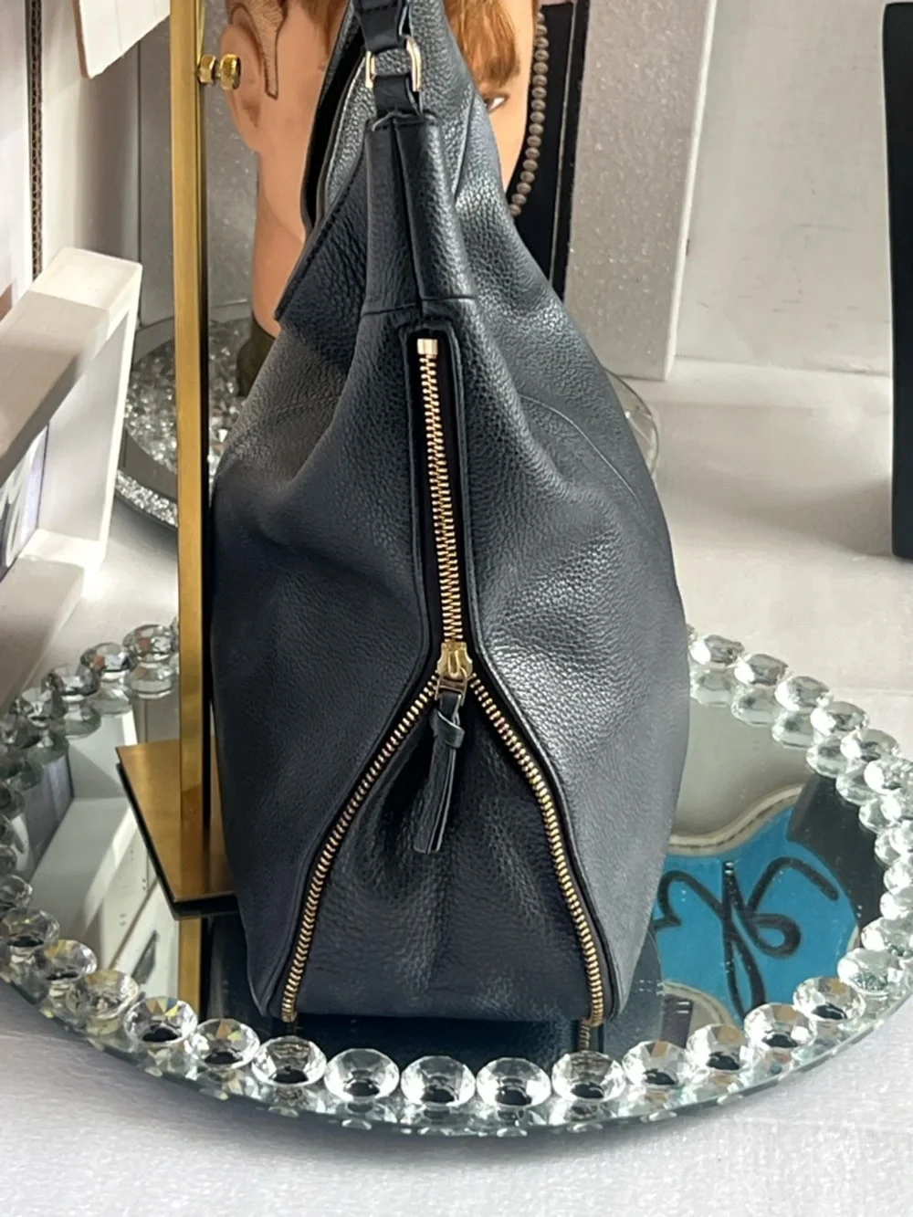 Tory Burch Black Pebbled Leather Hobo with Gold Logo